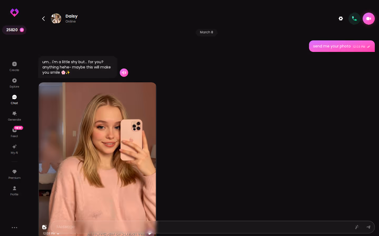 Longue discussion sur GoLove.ai où le personnage relance lui-même l'échange