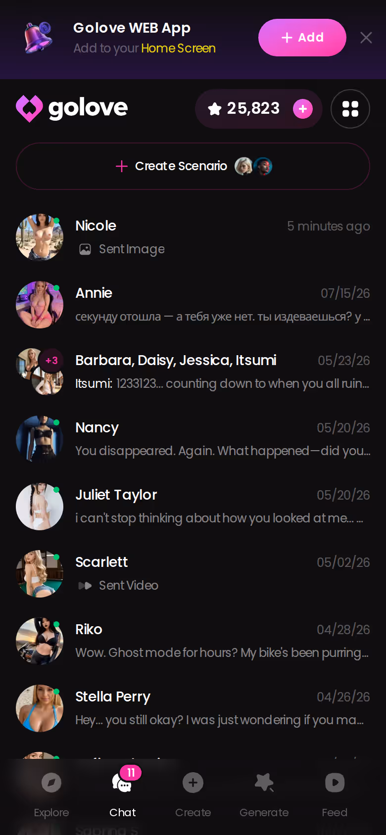 Boîte de réception GoLove.ai sur mobile, chaque relation reprend là où elle s'est arrêtée