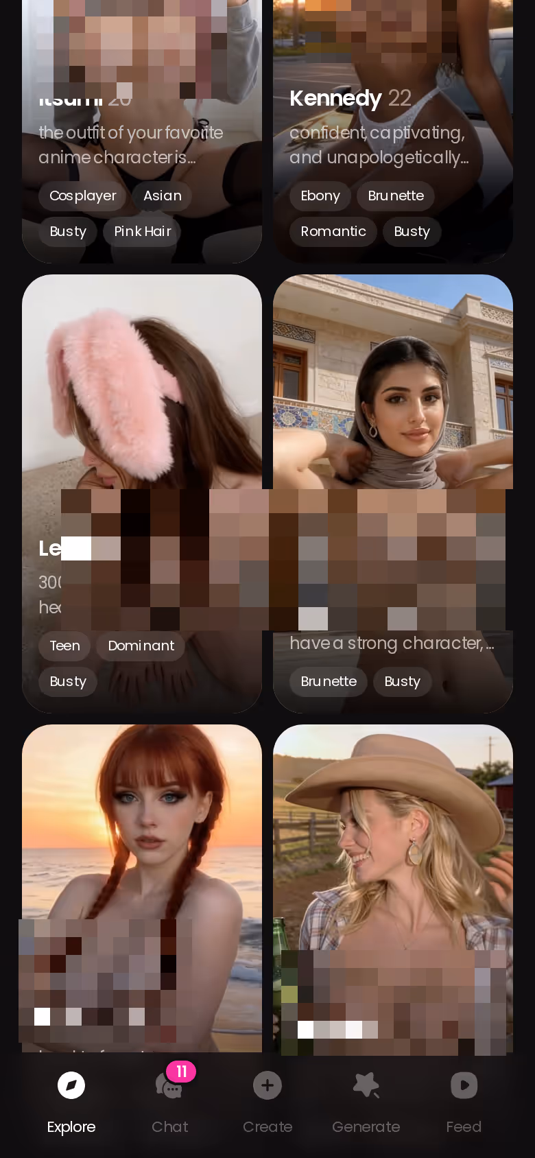 Onglet Explorer de GoLove.ai sur mobile — choisir une fille et démarrer la discussion en un tap