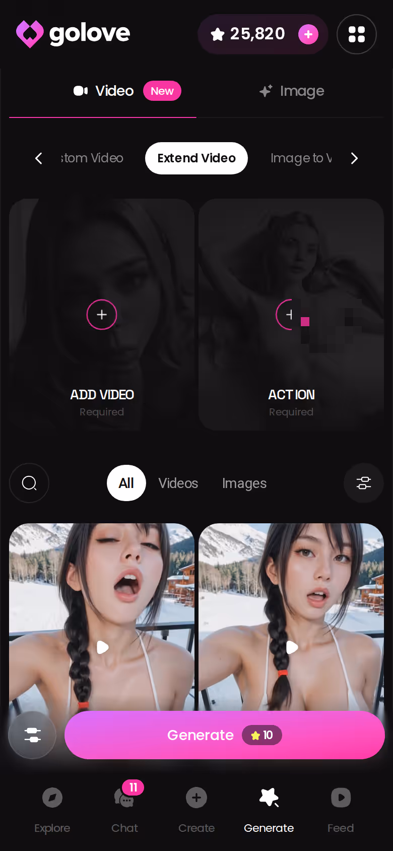 Le générateur vidéo de GoLove.ai sur mobile : action, tenue et décor, puis un seul appui