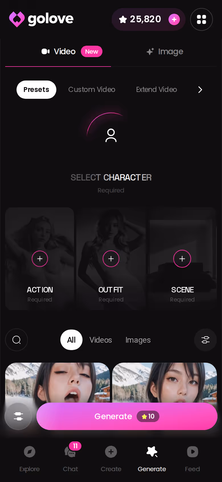 Le hub Generate de GoLove.ai sur mobile, avec les onglets Image et Vidéo